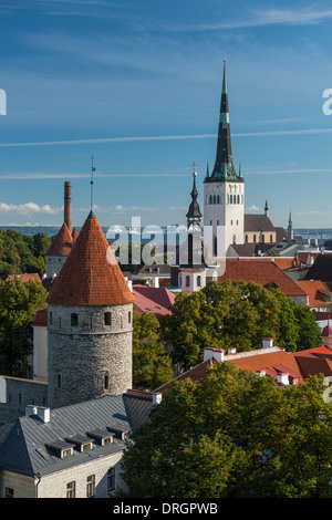 Vista dello Skyline di Tallinn, San dell'Olaf Chiesa e dock Navi da Crociera in la distanza dalla parte superiore città vecchia parete, Tallinn, Estonia Foto Stock