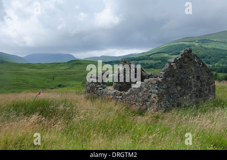 I ruderi di un vecchio muro di pietra casa in un campo con un nuvoloso cielo sereno in Mull, Scozia. Foto Stock