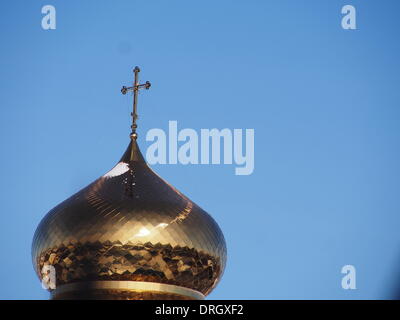 Lugansk, Ucraina. 26 gen 2014. In alto di Nostra Signora della tenerezza tempio. Stasera gelate in Ucraina orientale raggiunto -29 gradi centigradi. Nei prossimi giorni è prevista un leggero riscaldamento. Credito: Igor Golovnov/Alamy Live News Foto Stock