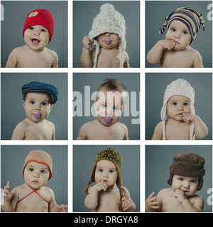 Fotocollage, Kleinkind mit verschiedenen Kopfbedeckungen - photo collage, baby con diverse testate Foto Stock