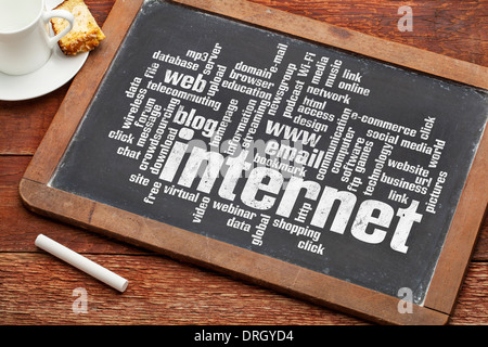 Internet cloud di parola su un vintage ardesia lavagna con un gessetto e tazza di caffè Foto Stock