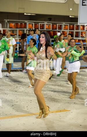 Rio De Janeiro, Brasile. 26 gen 2014. Musicisti provenienti da una scuola di samba denominata 'Imperio Serrano' nel gruppo di accesso prendere parte a una prova del Carnevale a Sambodromos in Rio de Janeiro, Brasile, 26 gennaio, 2014. Come l'annuale il carnevale di Rio de Janeiro si avvicina, i partecipanti hanno iniziato le loro prove presso la famosa Sambodromos negli ultimi giorni. Credito: Xu Zijian/Xinhua/Alamy Live News Foto Stock