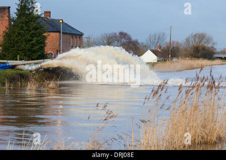 Burrowbridge, UK. 27 gennaio, 2014. Agenzia per l'ambiente di lavoro delle pompe per ridurre acqua di inondazione livelli sui livelli di Somerset. Venerdì Somerset County Council ha dichiarato di inondazioni in Somerset un 'modifica rilevante incidente. Credito: Andrew Johns/Alamy Live News Foto Stock