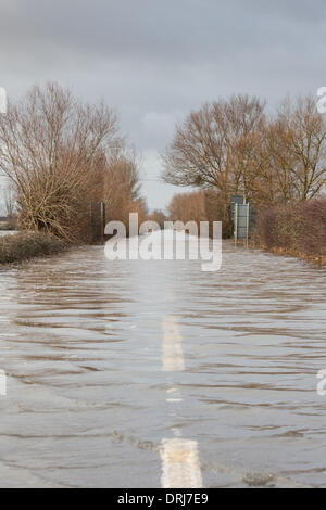 Burrowbridge, Somerset, Regno Unito. 27th gennaio 2014. La A361 da Burrowbridge a Taunton rimane allagata durante le vaste inondazioni che colpiscono i livelli del Somerset Foto Stock