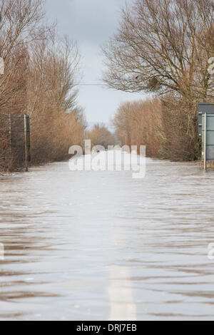 Burrowbridge, Somerset, Regno Unito. 27th gennaio 2014. La A361 da Burrowbridge a Taunton rimane allagata durante le vaste inondazioni che colpiscono i livelli del Somerset Foto Stock