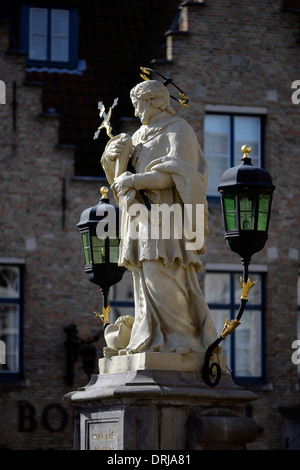 Il Sanctus di Joanne Nepomucenu statua sul ponte Nepomucenus nel centro storico con case delle corporazioni di Rozenhoedkaai, O Foto Stock