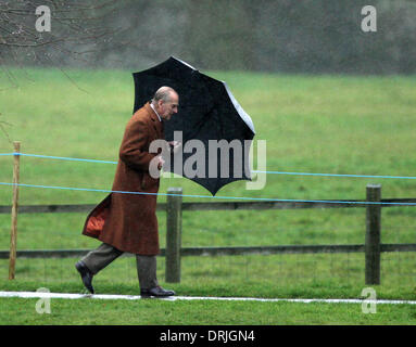 Sandringham, Norfolk, Regno Unito. 26 gen 2014. Sua Maestà la Regina Elisabetta II che frequentano la Chiesa al Sandringham. Il Principe Filippo , Duca di Edimburgo, battaglie con un ombrello sotto la pioggia andando a Santa Maria Maddalena la Chiesa per domenica mattina il servizio in Sandringham. Pic: Paolo Marriott Fotografia/Alamy Live News Foto Stock