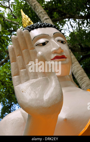 Mano alzata buddha figura, abhaya significato alcun timore di Wat Yai chak buddha park, Phliu, chantaburi, Thailandia. Foto Stock