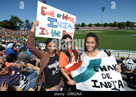 Hamilton, la Nuova Zelanda. 28 gen 2014. Ventole a match 4 della ANZ una giornata internazionale della serie di Cricket. Nuova Zelanda i cappucci neri v India a Seddon Park. Credito: Azione Sport Plus/Alamy Live News Foto Stock