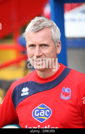 Football Manager Alan Pardew a Red Card anti coltello carità campagna corrispondono al Crystal Palace FC Foto Stock