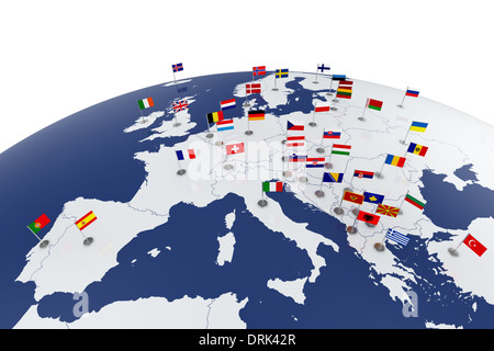 3D rendering della mappa Europa paesi con bandiere Foto Stock