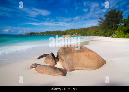 Fantastica spiaggia di sabbia con il tipico per le formazioni rocciose a Seychelles, Anse Lazio, Baie Chevalier, Praslin, Seychelles, Oceano Indiano e Africa - 2013 Foto Stock