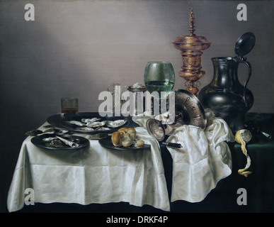 Still life with oysters, a rummer, a lemon and a silver bowl (1634) by Willem Claesz. Heda 1593/1594 – c. 1680/1682 Dutch Golden Age. Foto Stock