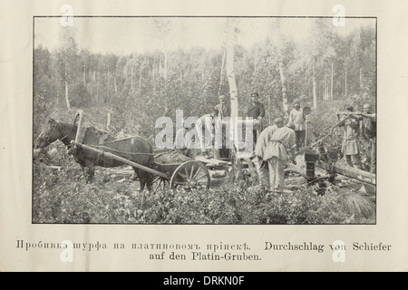 I lavoratori scavano una fossa di prova presso le miniere di platino vicino al Monte Kachkanar nelle montagne urali, nell'Impero Russo. Fotografia vintage in bianco e nero del fotografo russo Veniamin Metenkov datata all'inizio del XX secolo pubblicata nel catalogo delle cartoline pubblicato dallo stesso Veniamin Metenkov a Ekaterinburg, Russia. Testo in russo: Vista delle miniere di platino vicino al Monte Kachkanar. Per gentile concessione della collezione di Postcard di Azoor. Foto Stock