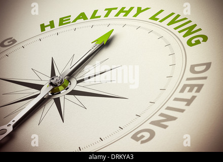 Bussola con ago rivolto verso la principale parola verde e effetto di sfocatura. Concetto di una vita sana rispetto alla dieta. Foto Stock