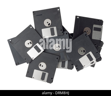 Molti neri isolati i dischi floppy su sfondo bianco Foto Stock