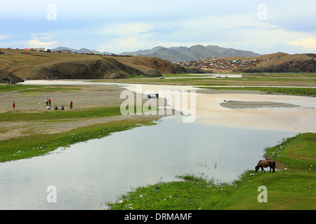 Cavalli al pascolo ai sobborghi di Ulaanbaatar Foto Stock