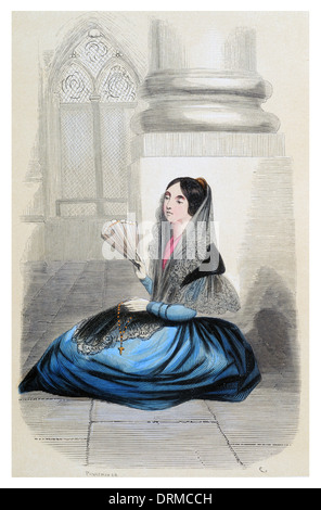 Una giovane ragazza sedeva nella chiesa spagna circa 1848 Foto Stock