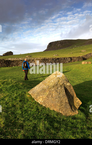 Walker su scale Moor nei pressi del villaggio di Ingleton, Yorkshire Dales National Park, England, Regno Unito Foto Stock