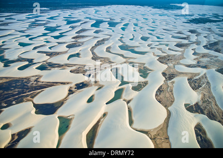 Stagni di acqua piovana intrappolato in bianco dune, Lencois Maranhenses National Park, Brasile, Oceano Atlantico Foto Stock