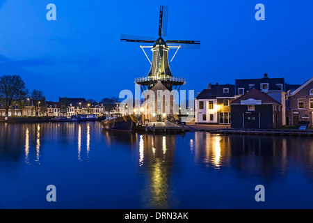 Mulino a vento e del fiume Spaarne al crepuscolo, Haarlem, Paesi Bassi Foto Stock
