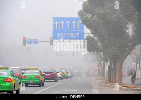 Nanchang, cinese della provincia di Jiangxi. 30 gen 2014. Le automobili corrono nella nebbia di Nanchang, a est della capitale cinese della provincia di Jiangxi, Gennaio 30, 2014. Le previsioni meteorologiche locali competenti hanno rilasciato un giallo avviso nebbia giovedì. Credito: Peng Zhaozhi/Xinhua/Alamy Live News Foto Stock