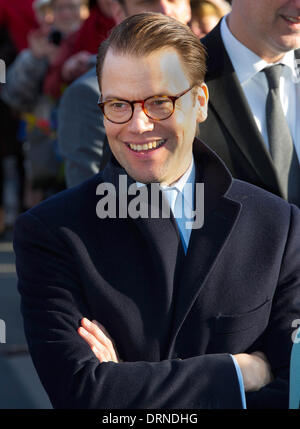 Duesseldorf, Germania. 29 gen 2014. Principe svedese Daniel presso il municipio di Duesseldorf, Germania, 29 gennaio 2014. Foto: RPE/ Albert Nieboer/dpa/Alamy Live News Foto Stock