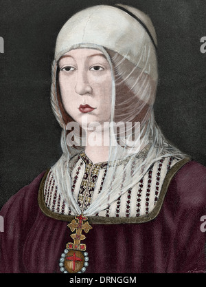 Isabella I di Castiglia (1451-1504). Regina di Castiglia. Incisione. Colorati. Foto Stock