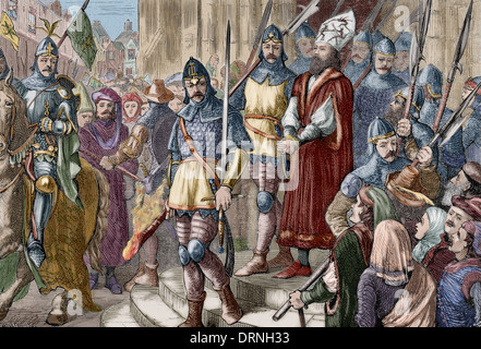 Girolamo di Praga (1360-1416). Predicatore boemo. Girolamo di Praga marciando per l'esecuzione. Incisione. Colorati. Foto Stock