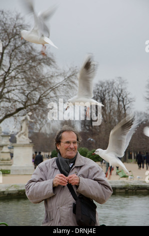 Alimentazione uomo gabbiani nel Giardino delle Tuileries in inverno, Parigi, Francia. Foto Stock