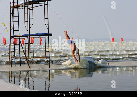 Nuotatore di ghiaccio si tuffa nell'acqua fredda del fiume Songhua, Harbin, Cina. Un buco nel ghiaccio viene mantenuta aperta per il nuoto. Foto Stock