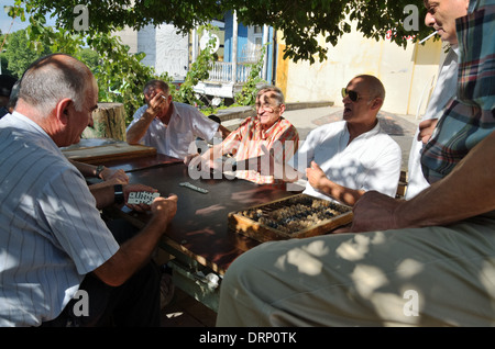 Uomini anziani gioca domino, Tbilisi, Repubblica di Georgia Foto Stock
