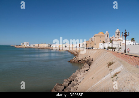 Vista lungo il campo del Sur promenade con Cadice con la sua cattedrale (Catedral Nueva), Cadice, Andalusia, Spagna. Foto Stock