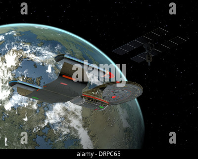 Un veicolo spaziale rimane vicino al spacestation in orbita intorno alla terra. Foto Stock