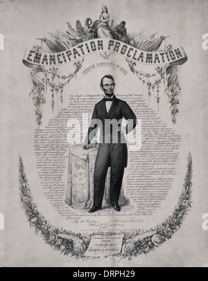 Proclama di emancipazione - Abraham Lincoln con il testo del Proclama di emancipazione - Gennaio 1, 1863 Foto Stock