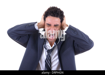 Uomo in tuta tenendo la sua testa e urlando Foto Stock