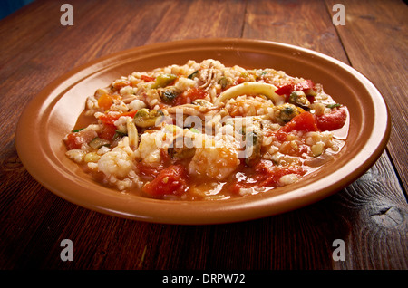 Paella Valenciana.tradizionale paella spagnola con frutti di mare , Foto Stock