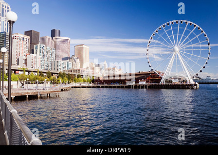 Il Seattle grande ruota ruota panoramica Ferris e il Waterfront Park, Alaskan Way, Seattle, Stati Uniti d'America Foto Stock