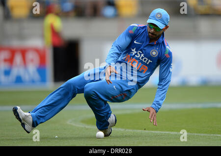 Wellington, Nuova Zelanda. 31 gennaio, 2014. Virat Kohli durante il match 5 della ANZ una giornata internazionale della serie di Cricket. Nuova Zelanda i cappucci neri v India al Westpac Stadium. Credito: Azione Sport Plus/Alamy Live News Foto Stock