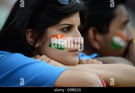 Wellington, Nuova Zelanda. 31 gennaio, 2014. Un indiano ventola durante il match 5 della ANZ una giornata internazionale della serie di Cricket. Nuova Zelanda i cappucci neri v India al Westpac Stadium. Credito: Azione Sport Plus/Alamy Live News Foto Stock