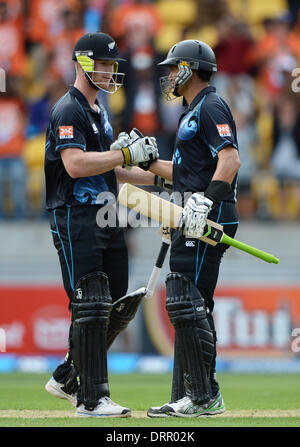 Wellington, Nuova Zelanda. 31 gennaio, 2014. James ( jimmy ) Neesham e Ross Taylor durante il match 5 della ANZ una giornata internazionale della serie di Cricket. Nuova Zelanda i cappucci neri v India al Westpac Stadium. Credito: Azione Sport Plus/Alamy Live News Foto Stock