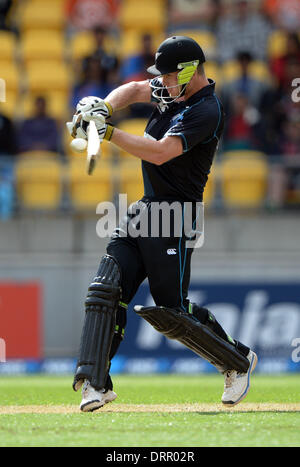 Wellington, Nuova Zelanda. 31 gennaio, 2014. James ( Jimmy) Neesham batting durante il match 5 della ANZ una giornata internazionale della serie di Cricket. Nuova Zelanda i cappucci neri v India al Westpac Stadium. Credito: Azione Sport Plus/Alamy Live News Foto Stock