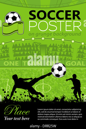 Soccer poster con i giocatori e tifosi su sfondo grunge, illustrazione Foto Stock