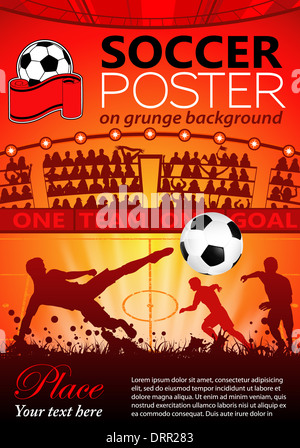 Soccer poster con i giocatori e tifosi su sfondo grunge, illustrazione Foto Stock