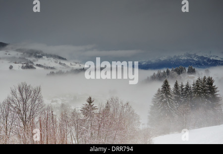 Megeve in città la nebbia sullo sfondo di alberi e montagne, nuvoloso Foto Stock