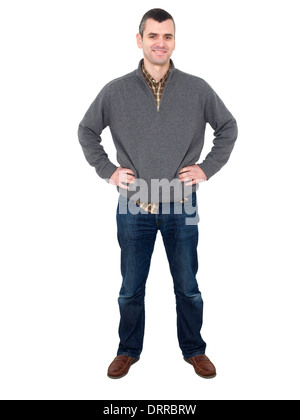 A piena lunghezza Ritratto di uomo con le mani sui fianchi isolati su sfondo bianco Foto Stock