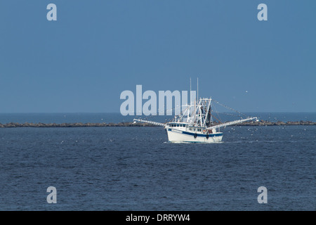 Barca da gamberetti di ritorno da una giornata di shrimping in Fernandina Beach, Florida. Foto Stock