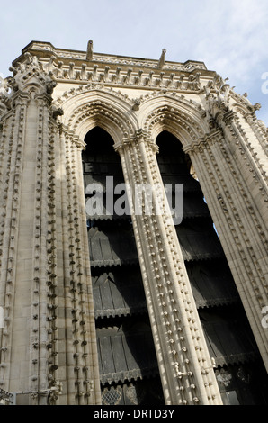 Torre sinistra sulla facciata ovest della cattedrale di Notre Dame nel quarto arrondissement, Ile de la Cite, Parigi. La Francia. Foto Stock