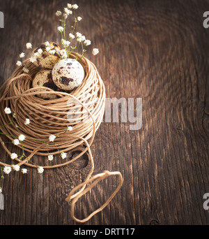 Decorazione di pasqua con uova di quaglia su tavola di legno. Messa a fuoco selettiva Foto Stock