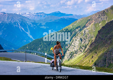 Ciclista femmina sull'Umbrail Pass che conduce, nel Parco Nazionale Svizzero, dalla Svizzera in Italia nelle Alpi orientali Foto Stock